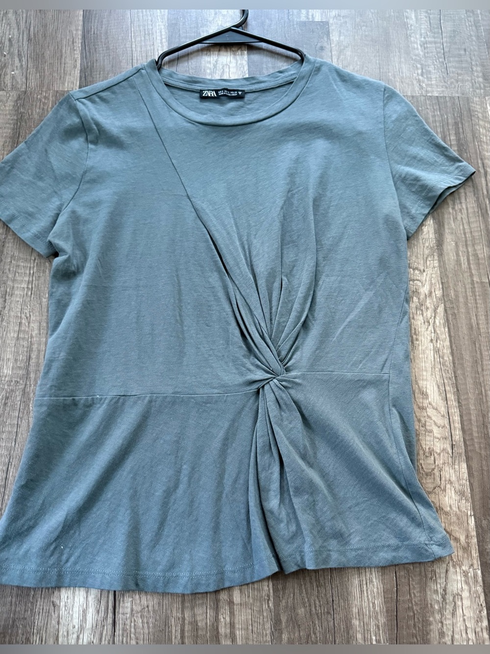 Zara Washed Blue Twist Front T-Shirt S Asymmetrical Ruched Top